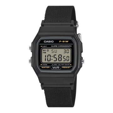 Casio F-91WF-1A digitalklocka med svart boett och svart armband i vävt tyg.