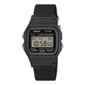 Casio F-91WF-1A med svart tygarmband.