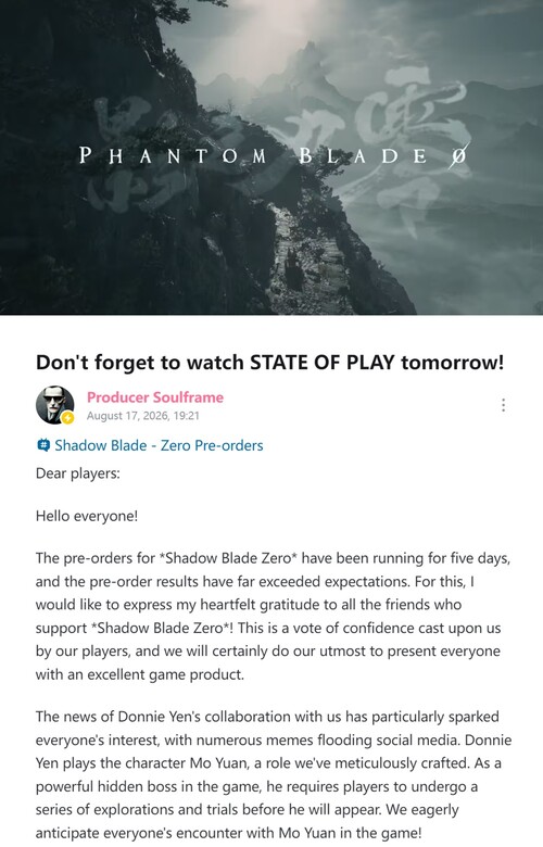 Liang Qiwei från S-Game ger en uppdatering om förbeställningarna av Phantom Blade Zero
