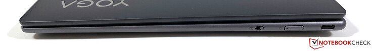 Till höger: strömbrytare för webbkamerans sekretessbrytare, strömbrytare, USB-C 3.2 Gen.2 (10 Gbit/s, DisplayPort 1.4, Power Delivery 3.0)