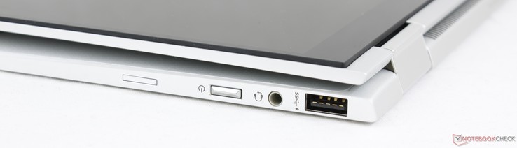 Vänster: USB 3.1 Typ A, 3.5 mm kombinerad ljudanslutning, Strömbrytare, plats för Nano-SIM (tillval)