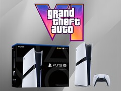 PS5 Pro-konsolen visas under GTA 6-logotypen (Bildkälla: Sony PlayStation, Rockstar Games med ändringar)