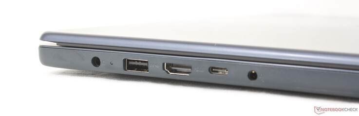 Vänster: Nätadapter, USB-A (5 Gbps), HDMI 1.4, USB-C (5 Gbps) med Power Delivery 3.0 + DisplayPort 1.2, 3,5 mm-uttag för hörlurar