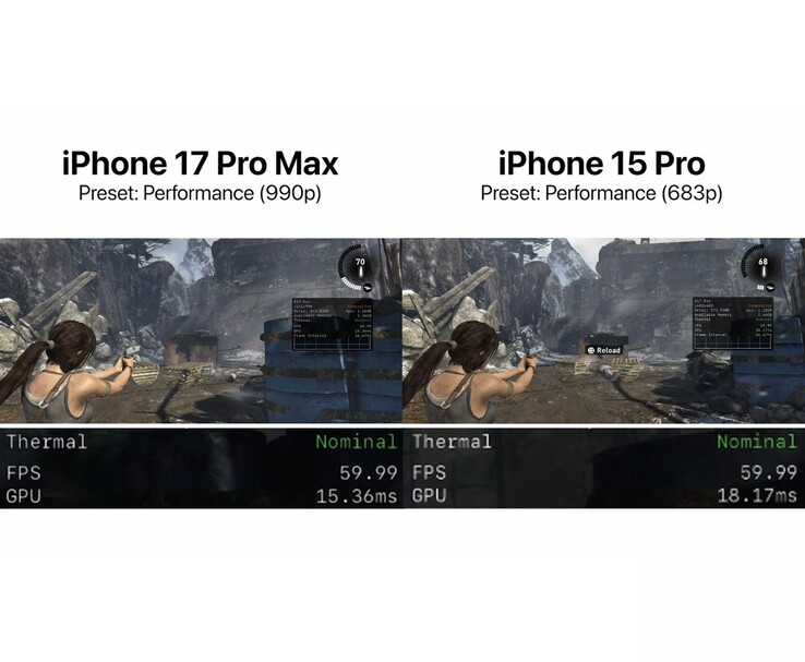 Jämförelse av prestandaläget för Tomb Raider visar spel på iPhone 17 Pro Max och iPhone 15 Pro med intern upplösning, FPS och termiska mätvärden som visas