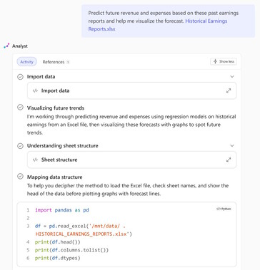 Analyst-agenten använder OpenAI o3-mini och Python-programmeringsfunktioner för att analysera företagsdata som en dataanalytiker. (Bildkälla: Microsoft)