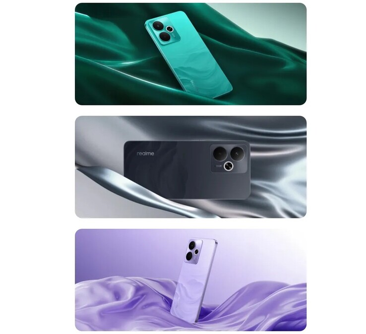 Realme 14T 5G finns i satininspirerade obsidiansvarta, surfgröna och blixtlila färgställningar (Bildkälla: Realme)