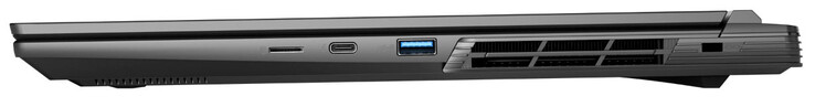 Höger sida: MicroSD-kortläsare, Thunderbolt 4/USB 4 (USB-C; Power Delivery, DisplayPort), USB 3.2 Gen 1 (USB-A), plats för kabellås