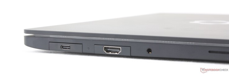 Vänster: 2x USB-C Thunderbolt 4 med DisplayPort 2.1 + 140 W Power Delivery, 3,5 mm headsetuttag