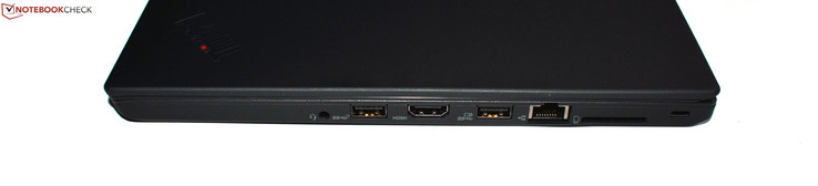 Höger: kombinerad ljudanslutning, USB 3.1 Gen2 Typ A, HDMI, USB 3.0 Typ A, RJ45 Ethernet, SD-kortläsare, Kensington-lås