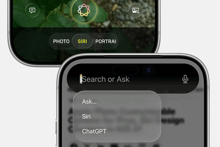Den planerade Siri-integrationen i Camera-appen och det nya gränssnittet Search or Ask för Siri.
