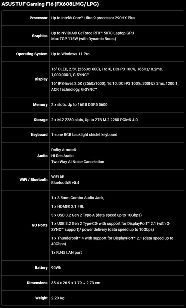 Specifikationer för Asus TUF Gaming F16 (FX608LMG/ LPG)