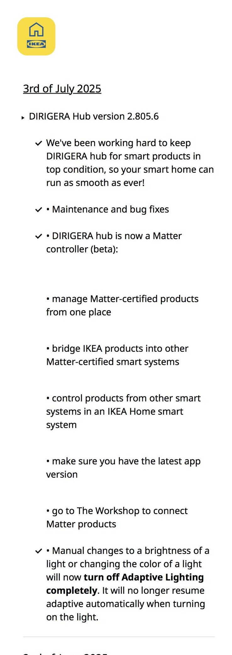 Release notes för IKEA Dirigera Hub mjukvaruversion 2.805.6. (Bildkälla: IKEA via Reddit)