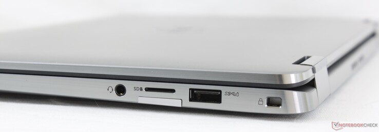 Höger: 3.5 mm kombinerad ljudanslutning, MicroSD-läsare, MicroSIM-plats (WWAN som tillval), USB-A 3.2 Gen. 1, Noble-lås