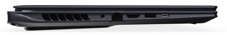Vänster sida: strömanslutning, Gigabit Ethernet, HDMI, USB 3.2 Gen 2 (USB-A), Thunderbolt 4 (USB-C; Power Delivery, DisplayPort)