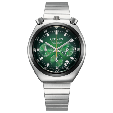Framvy av Citizen Tsuno Chronograph AN3714-76W med en urtavla med grön färggradient.