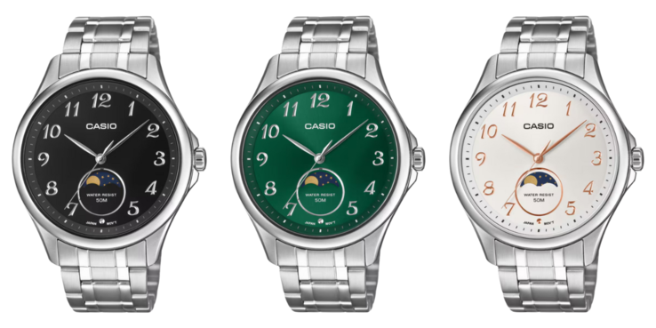 Från vänster till höger: Casio-klockorna MTP-M110D-1AV, MTP-M110D-3AV och MTP-M110D-7AV. (Bildkälla: Casio, redigerad)