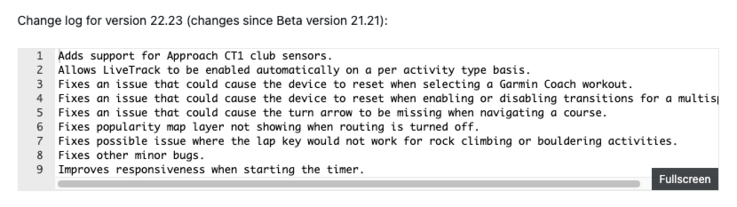 Releaseanteckningarna för betaversion 22.23 för Garmin Fenix 8