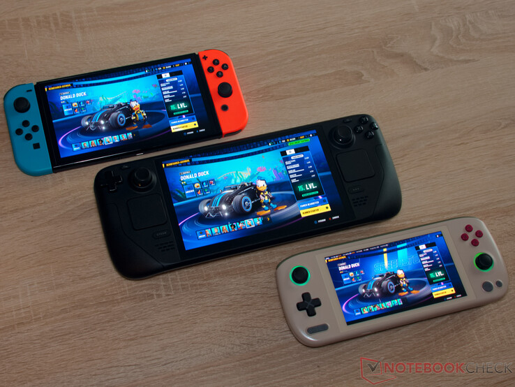 Storleksjämförelse - Nintendo Switch OLED, Steam Deck OLED, Ayaneo Air 1S