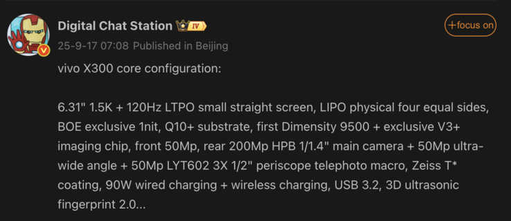 Läckta specifikationer för Vivo X300. (Bildkälla: Weibo - maskinöversatt)