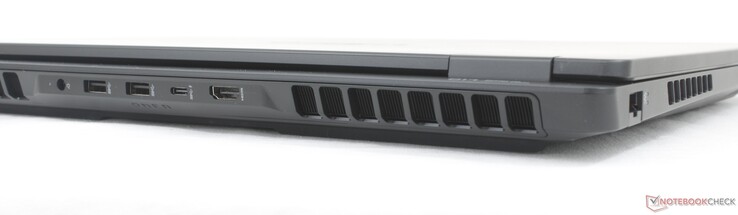 Baksida: Nätadapter, 2x USB-A (10 Gbps), USB-C med DisplayPort 2.1 + Power Delivery 3.1 (10 Gbps), HDMI 2.1