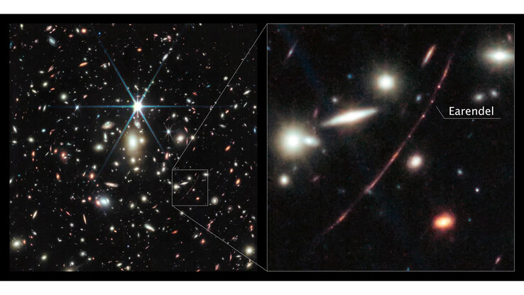 En galaxhop i bilden till vänster förstärker ljuset från vad som uppfattades som den mest avlägsna stjärnan i universum i bilden till höger. (Bildkälla: NASA, ESA, CSA, D. Coe, B. Welch)