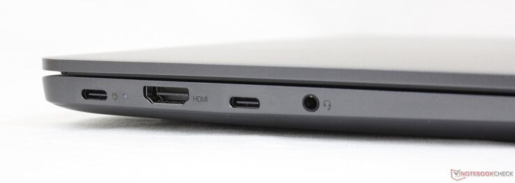 Till vänster: USB-C 2.0 (Power Delivery), HDMI 1.4b, USB-C 2.0, 3,5 mm kombinationsljud