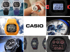 En mängd olika klockor lades till i Casios onlinebutik i maj. På bilden - 9 olika modeller som lanserades denna månad i en bild, med Casio-logotypen i mitten. (Bildkälla: Casio - Redigerad)