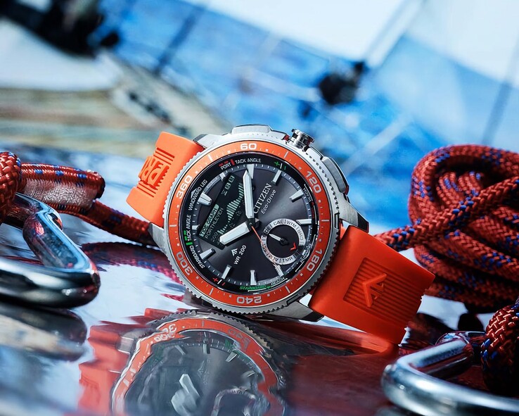 Den orangefärgade JV3000-13E kombinerar Citizens yachttimer-arv med ett djärvt uretanarmband.