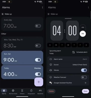 Googles ryktade Material 3 Expressive-uppdatering för sin Clock-app. (Bildkälla: Mystic Leaks via 9to5Google)