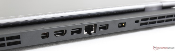 Baksidan: 2 x USB 3.1 Gen. 2, RJ-45, Mini DisplayPort 1.4, HDMI 2.0, Kensington-lås, AC-adapter