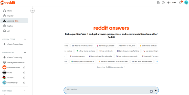 Reddit Answers-sidan (Bildkälla: Reddit/Antony Muchiri)