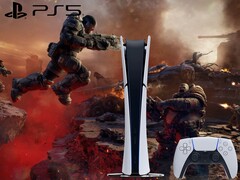 Gears of War: E-Day illustrationer med PS5-logotyp och konsol.