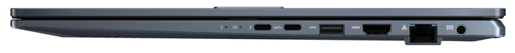 Höger sida: Thunderbolt 4 (USB-C; strömförsörjning, DisplayPort), USB 3.2 Gen 2 (USB-C; strömförsörjning), USB 3.2 Gen 1 (USB-A), HDMI, Gigabit Ethernet, strömanslutning