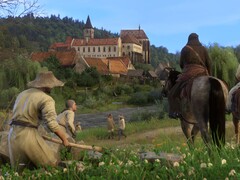 En bild som visar ett slott och karaktärer i Kingdom Come: Deliverance.