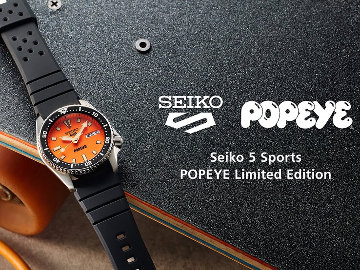 Alternativtext: Bild i vinkel på Seiko 5 Sports x Popeye HDB013 som visar den orange urtavlan, den svarta vridbara bezeln och boetten i rostfritt stål.
