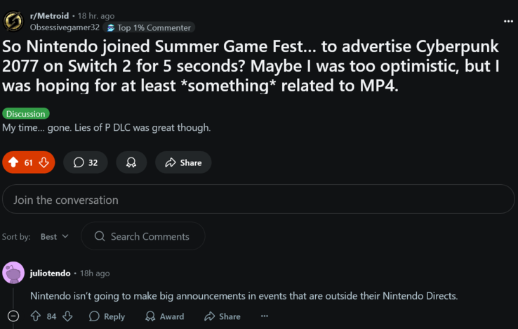 Summer Game Fest 2025 Nintendo fans reaktion (Bildkälla: skärmdump, Metroid subreddit)