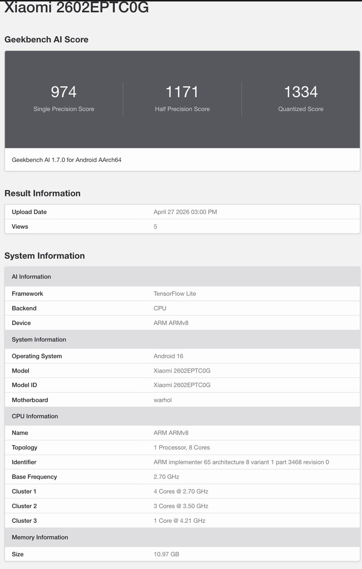 Geekbench-listningen avslöjar chipsetdetaljer för Xiaomi 17T Pro.