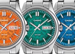 Tre Casio MTP-E740-klockor i orange, turkos och ljusblått, visade sida vid sida med genomskinliga urtavlor som avslöjar dag- och datumhjulen under.