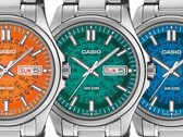 Tre Casio MTP-E740-klockor i orange, turkos och ljusblått, visade sida vid sida med genomskinliga urtavlor som avslöjar dag- och datumhjulen under.