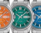 Tre Casio MTP-E740-klockor i orange, turkos och ljusblått, visade sida vid sida med genomskinliga urtavlor som avslöjar dag- och datumhjulen under.