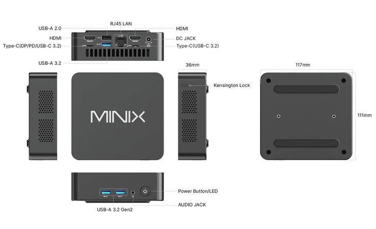 Design och portkonfiguration av NUC150 (Bildkälla: Minix)