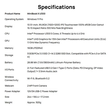 Fullständiga specifikationer för MiniBook X U300