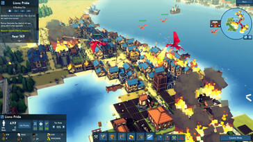 En bild som visar en stad som förstörts av drakar i spelet ”Kingdoms and Castles”.