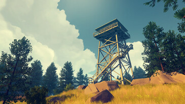En bild som visar ett utkikstorn i Firewatch.