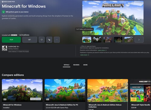 Minecraft-versioner på Xbox Game Pass visas
