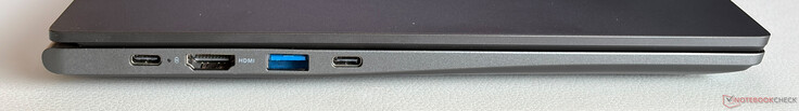 Vänster: USB-C 3.2 Gen.1 (5 Gbit/s, DisplayPort, Power Delivery), HDMI 1.4b, USB-A 3.2 (5 Gbit/s), USB-C 3.2 Gen.1 (5 Gbit/s, DisplayPort, Power Delivery)