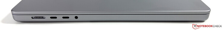 Vänster sida: MagSafe, 2x USB-C 4.0 med Thunderbolt 4 (40 Gbps, DisplayPort, Power Delivery), 3,5 mm headset