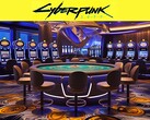 Cyberpunk 2077-logotypen avbildad ovanför ett futuristiskt kasino (Bildkälla: Rockstar Games med ändringar)