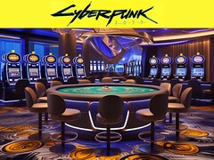 Cyberpunk 2077-logotypen avbildad ovanför ett futuristiskt kasino (Bildkälla: Rockstar Games med ändringar)