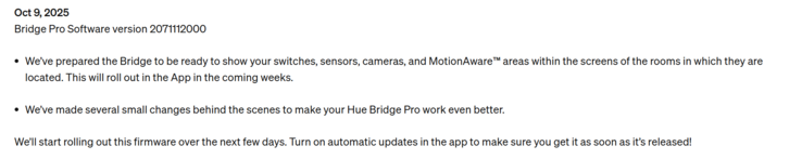 Release Notes för den första uppdateringen av Philips Hue Bridge Pro. (Bildkälla: Philips Hue)